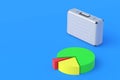 Pie chart near metal suitcase. Analysis of the banking system