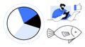 Data analysis and feedback concept with pie chart, user review, and creativity symbolized by fish Royalty Free Stock Photo