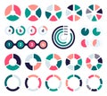 Pie chart set. Circle slices for different percent, round pies for 2, 3, 4 and 6 sections, pie charts for statistics and Royalty Free Stock Photo