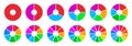 Pie chart set, colored segmented circle icons, pie chart divided equal parts, ring percentage wheel, circle diagram with sections