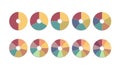 Pie chart set in flat vector design. Infographic circles or wheels made of multiple pieces and sectors. Round diagram or circlular