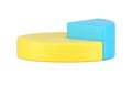 Pie chart side view 3d icon. Infographic volumetric yellow circle with highlighted triangular blue part