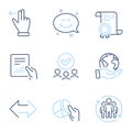 Pie chart, Teamwork and Document icons set. Smile chat, Sync and Touchscreen gesture signs. Vector