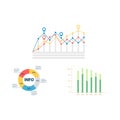 Pie charts and diagrams design vector illustration. Multicolor graphical infographic, rising and falling with percentages data