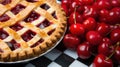 a pie and cherries on a checkered surface Royalty Free Stock Photo