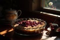 Pie cherry pudding, is placed wooden windowsill in glass plate. Casual meal or tea time