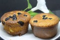 Pie with chocolate chip on a white plate. Sponge cake with black background. Royalty Free Stock Photo