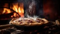 A pie is cooking in a pot on top of an open fire, AI Royalty Free Stock Photo