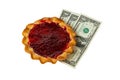 Pie with curd filling and raspberries and three dollars on a white background