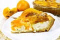 Pie with curd and persimmons in plate on napkin silicone and boa Royalty Free Stock Photo