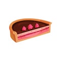 Pie with delicious filling. Half of tasty dessert decorated with ripe pink raspberries. Appetizing sweet food. Flat