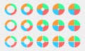 Pie and donut charts set. Circle diagrams divided in 4 sections. Colorful infographic wheels. Round shapes cut in four