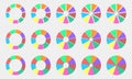 Pie and donut charts set. Circle diagrams divided in 9 sections. Colorful infographic wheels. Round shapes cut in nine