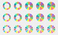 Pie and donut charts set. Colorful circle diagrams divided in 11 sections. Infographic wheels. Round shapes cut in