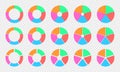 Pie and donut charts set. Colorful circle diagrams divided in 5 sections. Infographic wheels. Round shapes cut in five