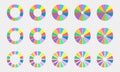 Pie and donut charts set. Infographic circle diagrams divided in 12 equal sections of different colors. Round shapes cut Royalty Free Stock Photo