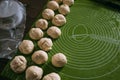 Pie dough balls on a rolling mat. Royalty Free Stock Photo