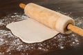 Pie dough and rolling pin. Royalty Free Stock Photo