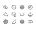 Pie flat line icons set. Ossetian, cherry, apple, pumpkin pies, casserole, pita vector illustrations. Thin signs for