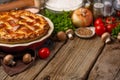 Pie with meat and mushrooms, with vegetables. On wood background with space Royalty Free Stock Photo