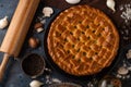 Pie with mushrooms. Cooking on your kitchen. Dark background. Spices for atmosphere. Photo for restaurant menu. Pie for your