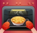 Pie from oven. Hands in fireproof gloves take cake out cooker, rustic cuisine or home bakery concept, bake fruit tart