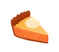 Pie piece flat vector illustration. Tasty cake slice decorated with whipped cream cap isolated on white. Delicious