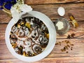 Pie with poppy seeds and raisins on a wooden brown table Royalty Free Stock Photo