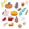 Pie Pumpkin, hot chocolate, apple caramel and color autumn color element with white background