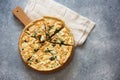 Pie quiche with salmon, spinach and soft cheese on a grey sto