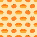 Pie seamless pattern. Pumpkin pie with pumpkin on yellow background. Traditional American Thanksgiving Give dessert