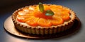 Pie tart topping orange fruit cake dessert for party time blurred background