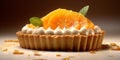 Pie tart topping orange fruit cake dessert for party time blurred background