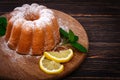 Pie at wooden board with leaf peppermint