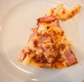 Piece Of Hawaiian Cheese Pizza On Dish Restaurant Table, Fast-food Concept