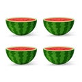 4 pieaces of Fresh Watermelon organic fruits with fresh green open watermelon half cuts, slices and triangles. Red watermelon