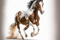 Piebald Horse galloping alone on a white background