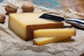 Piece of aged Comte or Gruyere de Comte, AOC French cheese made from unpasteurized cow's milk in the Franche-Comte region of