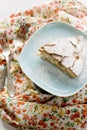 A piece of apple pie lying on the gray plate, fork Royalty Free Stock Photo