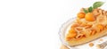 a piece of apricot pie on a plate on a white background, homemade cakes, top view, cooking and recipes