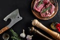 Piece of beef tenderloin, with ax for cutting and chopping meat, spices were cooking - rosemary, pepper, salt, garlic