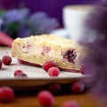 Piece of berry pie on plate. Frozen cherries in and around cake or cheesecakes. Sprig of blooming lilacs and cup of