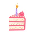 Piece of birthday cake, vector icon. Tasty sweet dessert with a burning candle, biscuit, cream, pink icing, sprinkles. Baking Royalty Free Stock Photo