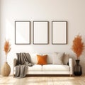 3-piece black wooden frame model standing on the wall, living room design, stylish architecture Royalty Free Stock Photo