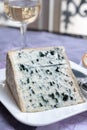 Piece of Bleu de Laqueuille semi-hard AOP French blue cheese made from raw cow milk