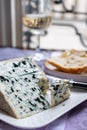 Piece of Bleu de Laqueuille semi-hard AOP French blue cheese made from raw cow milk