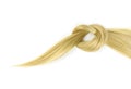 Piece of blonde hair lock tied in knot on white background. Strand of blond silky hair on a white background