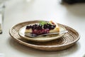 Piece of blueberry cheese pie on the table Royalty Free Stock Photo