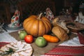 Piece of broken bread with pumpkin on the table. Food background