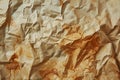 A piece of brown paper bag crumpled and wrinkled, showing grease stains and creases, Crumpled paper bag with grease stains and